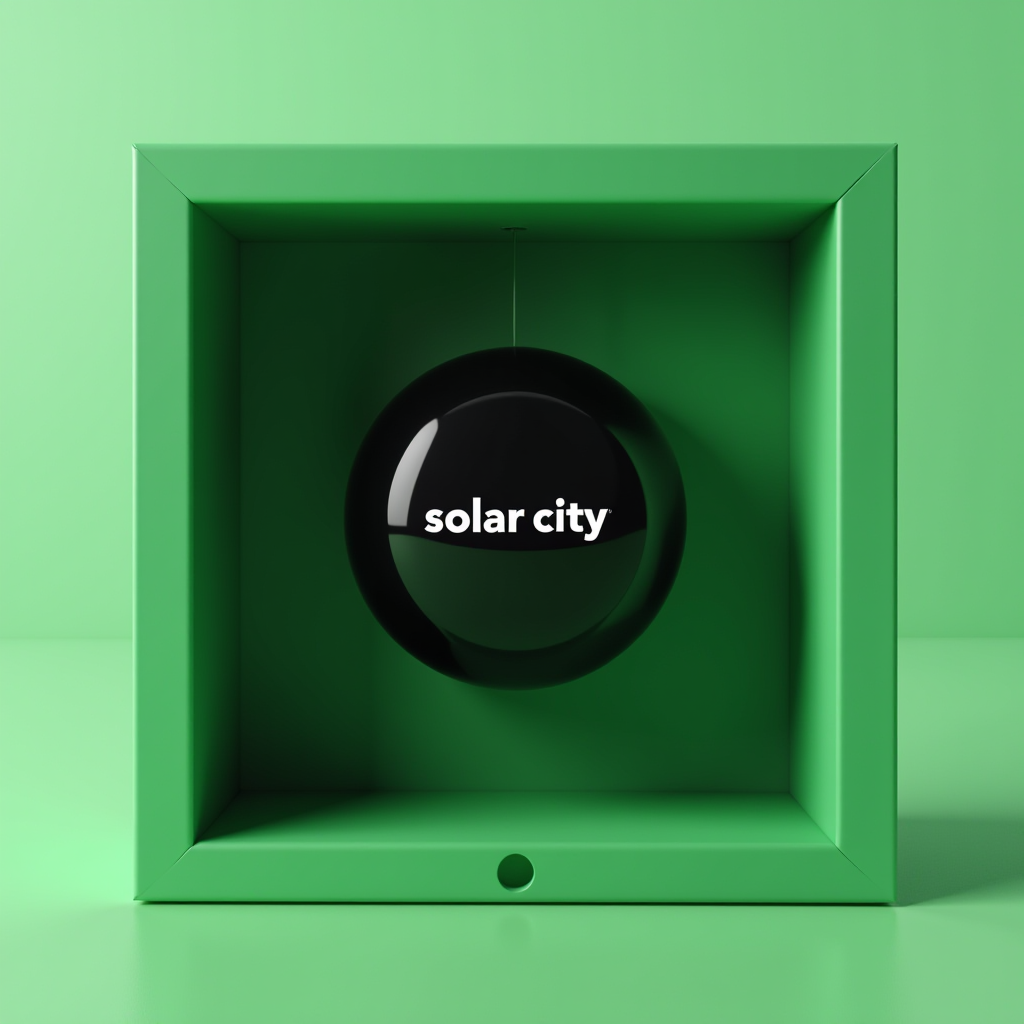 A black sphere with 'solar city' text, centered in a green box, creating a modern, minimalist aesthetic.