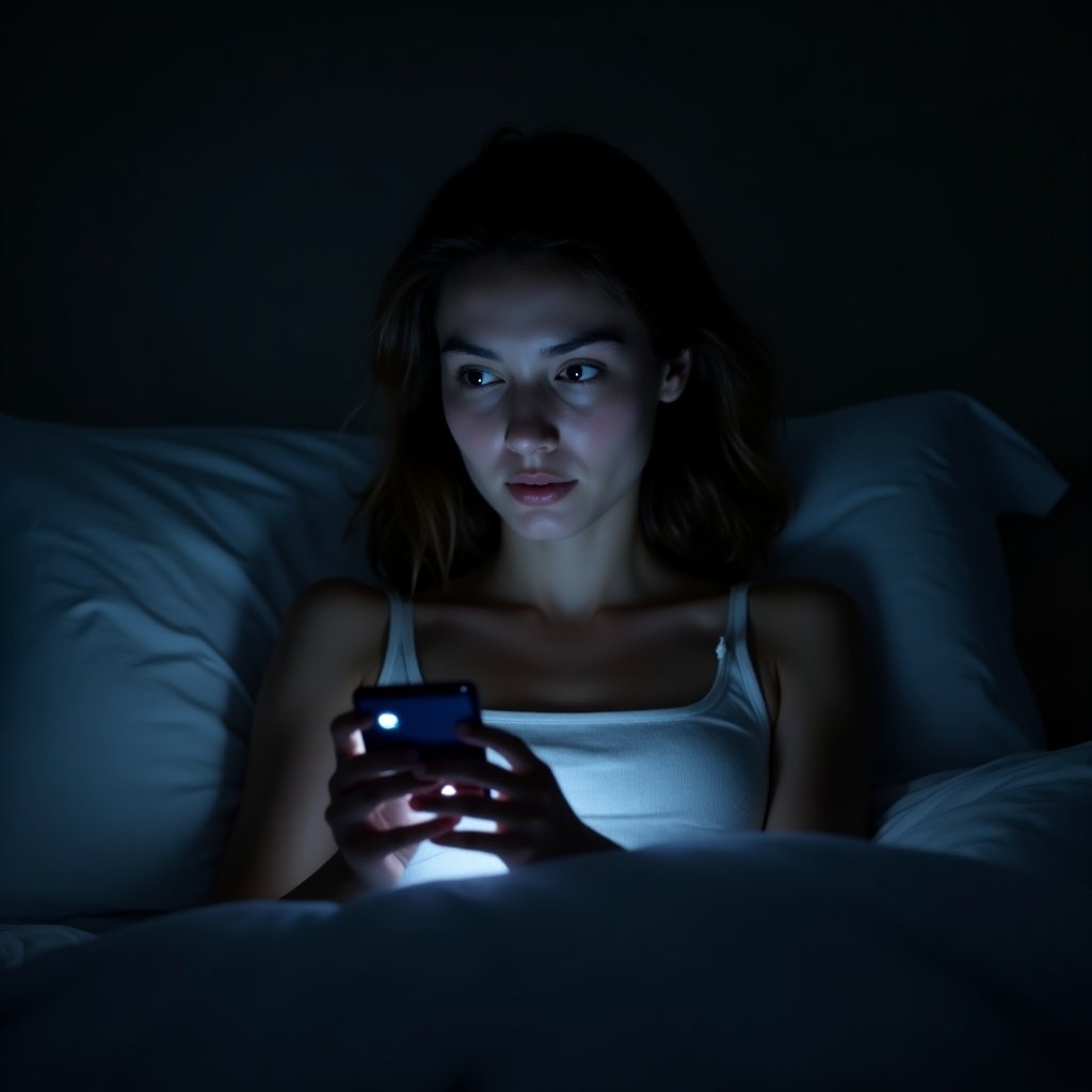 In a dimly lit bedroom, a young woman named Emily, aged 25, appears groggy and wide-eyed as she grabs her phone from the nightstand. The blue light from the phone illuminates her face, casting shadows in the surrounding darkness. A loud buzz emanates from the phone, signaling a new notification. The screen displays a single message: 'New Voice Message from UNKNOWN.' This scene evokes a sense of curiosity mixed with tension. It highlights the constant pull of technology, even during the night, and raises questions about privacy and communication.