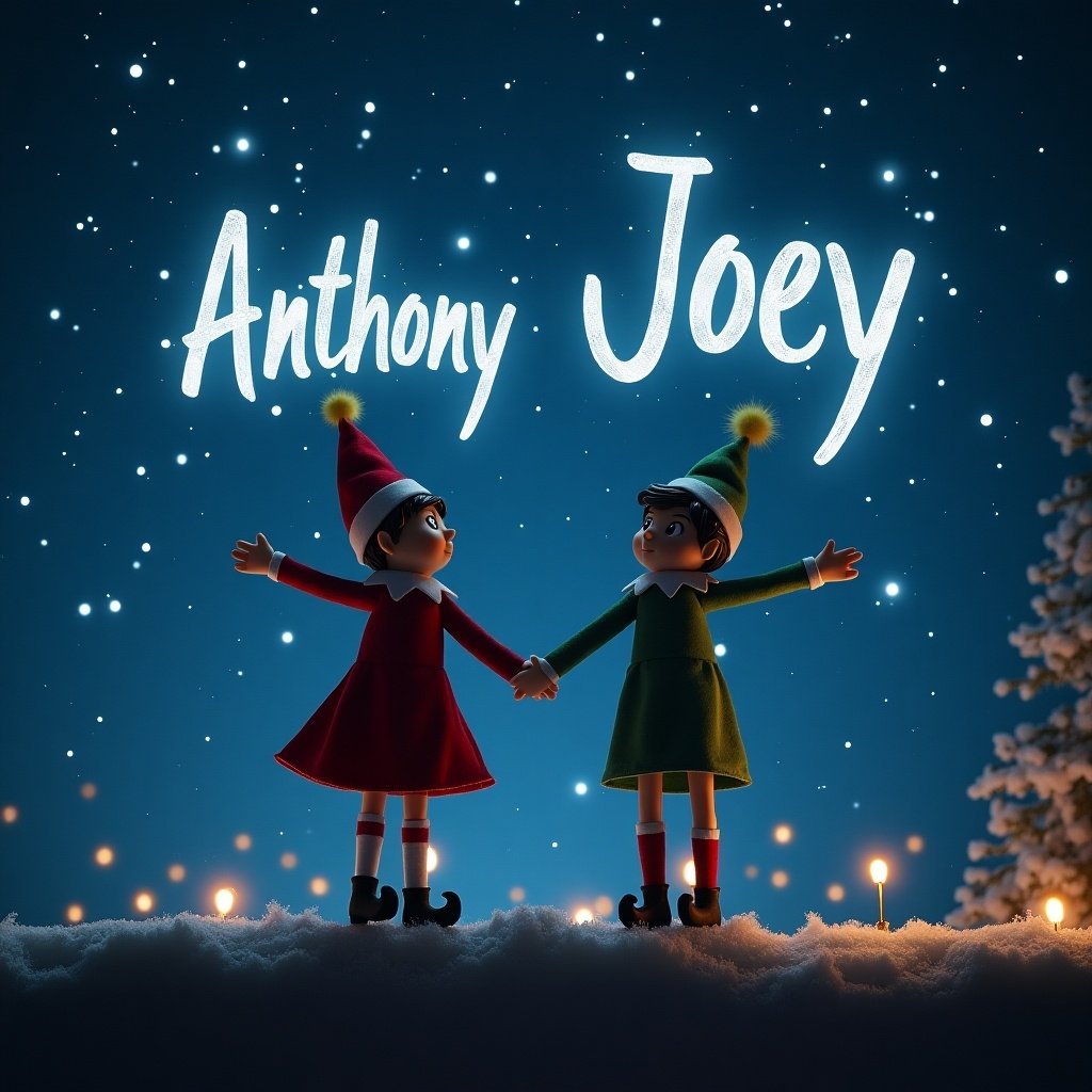 This image features two cheerful elf figures standing hand in hand on a snowy surface. They are dressed in bright festive colors, with one wearing a red outfit and the other in green. Above them, the names 'Anthony' and 'Joey' glow brightly in the night sky. Snowflakes gently fall around them, enhancing the enchanting holiday atmosphere. A softly lit Christmas tree stands in the background, adding warmth to the scene.