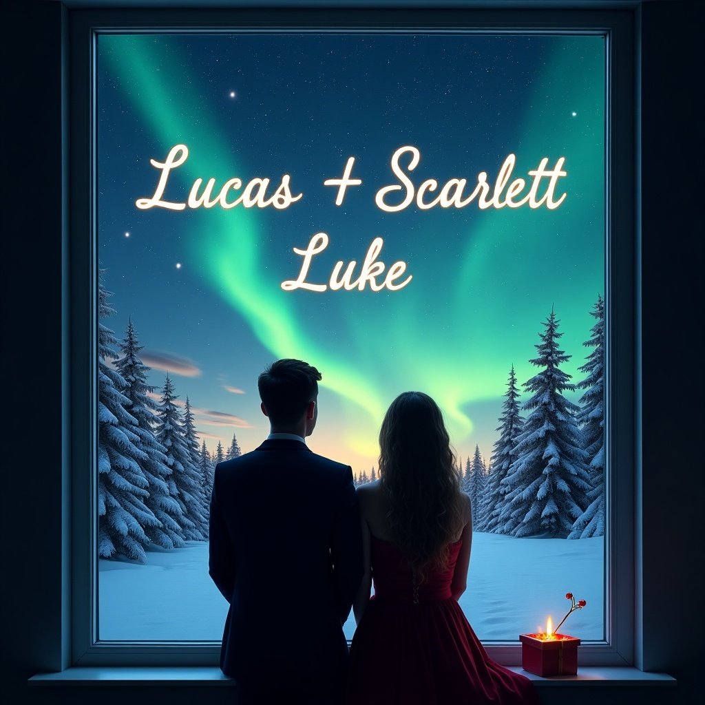 The image depicts a romantic scene of a couple standing together in a serene landscape under a starry night sky. Shooting stars are elegantly tracing a path across the heavens, creating a magical atmosphere. The names 'Lucas' and 'Scarlett' are artistically styled above the couple, enhancing the personal touch. The couple, dressed in formal attire, is silhouetted against the backdrop of shimmering stars. The overall mood evokes feelings of love, wonder, and serenity. The scene outside the window showcases a winter wonderland complete with snow-covered trees and vibrant northern lights.