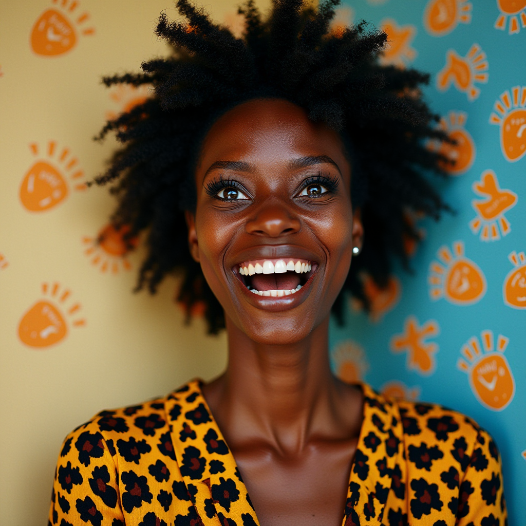 A person with a joyful smile posed in front of a colorful, patterned background featuring playful, child-like drawings.