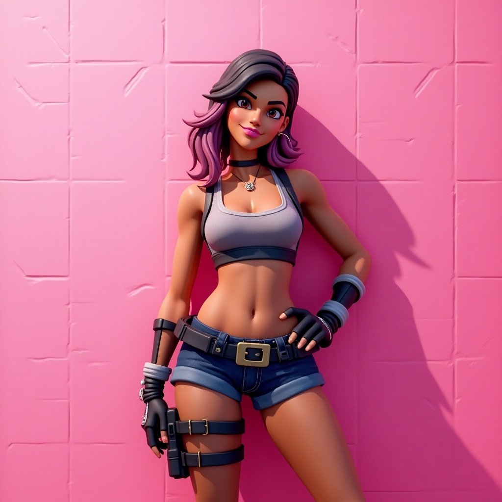 This image features a stylized female character often found in Fortnite, exuding confidence and style. She stands against a bright pink wall, showcasing her vibrant personality. Her outfit is trendy, combining casual elements with a hint of edginess. The character has striking features and stylish accessories that enhance her appeal. This illustration captures the essence of digital gaming culture and character design.