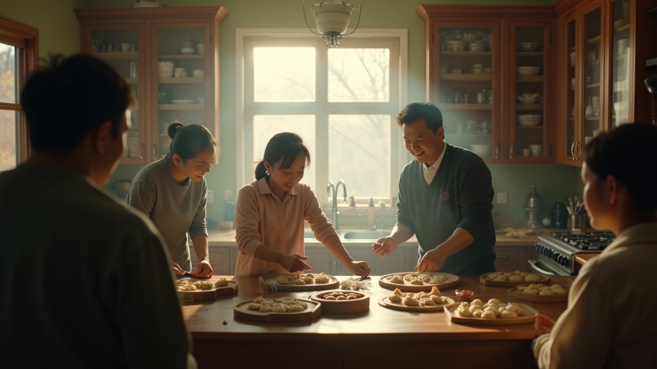 A heartwarming movie scene capturing the beginning of winter with a family reunion in a steaming kitchen. The family is joyfully making dumplings together, showcasing their togetherness and cultural traditions. Warm light spills in from the window, creating an inviting and cozy atmosphere. Each member of the family is focused and engaged in the preparation, symbolizing love and connection. Rich details in the kitchen enhance the authenticity of the moment.