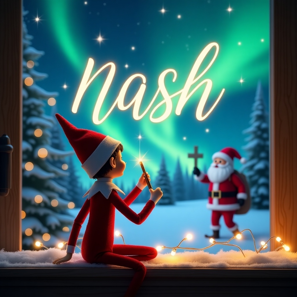 The scene features an elf on the shelf, turned away from the viewer. The elf is facing a beautiful sky illuminated by northern lights. With a magic wand in hand, the elf writes the name 'Nash' in elegant script in the sky. In the background, Santa Claus stands holding a cross, adding a whimsical holiday touch to the scene. Soft lights adorn the snowy window ledge, enhancing the festive atmosphere.