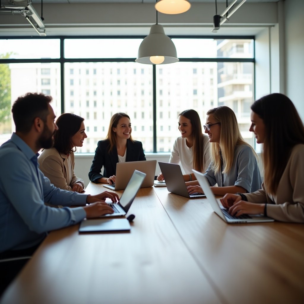 A diverse group of six professionals is gathered around a large table in a modern office. They are engaged in a business meeting, smiling and actively participating in the discussion. The room is well-lit with natural light streaming through large windows. Each person has a laptop or notebook in front of them, indicating a productive session. The atmosphere is friendly and collaborative, reflecting a positive work environment.