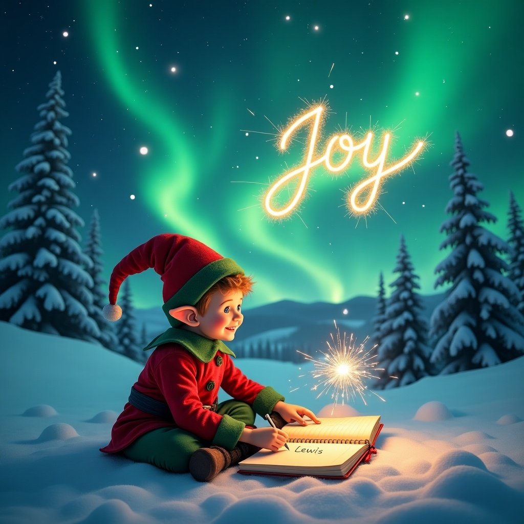 This image depicts a joyful elf writing in a notebook beneath the stunning northern lights. The elf is wearing a festive red and green outfit, complete with a pointed hat. Around the elf, the enchanting glow of the auroras illuminates the snowy scene, creating a magical atmosphere. Snowy trees and distant hills form the backdrop, enhancing the wintery setting. The notebook contains the name 'Lewis', as if the elf is composing a special message. The elf writes the word 'Joy' in the sky with a sparkler amidst a stunning display of northern lights.