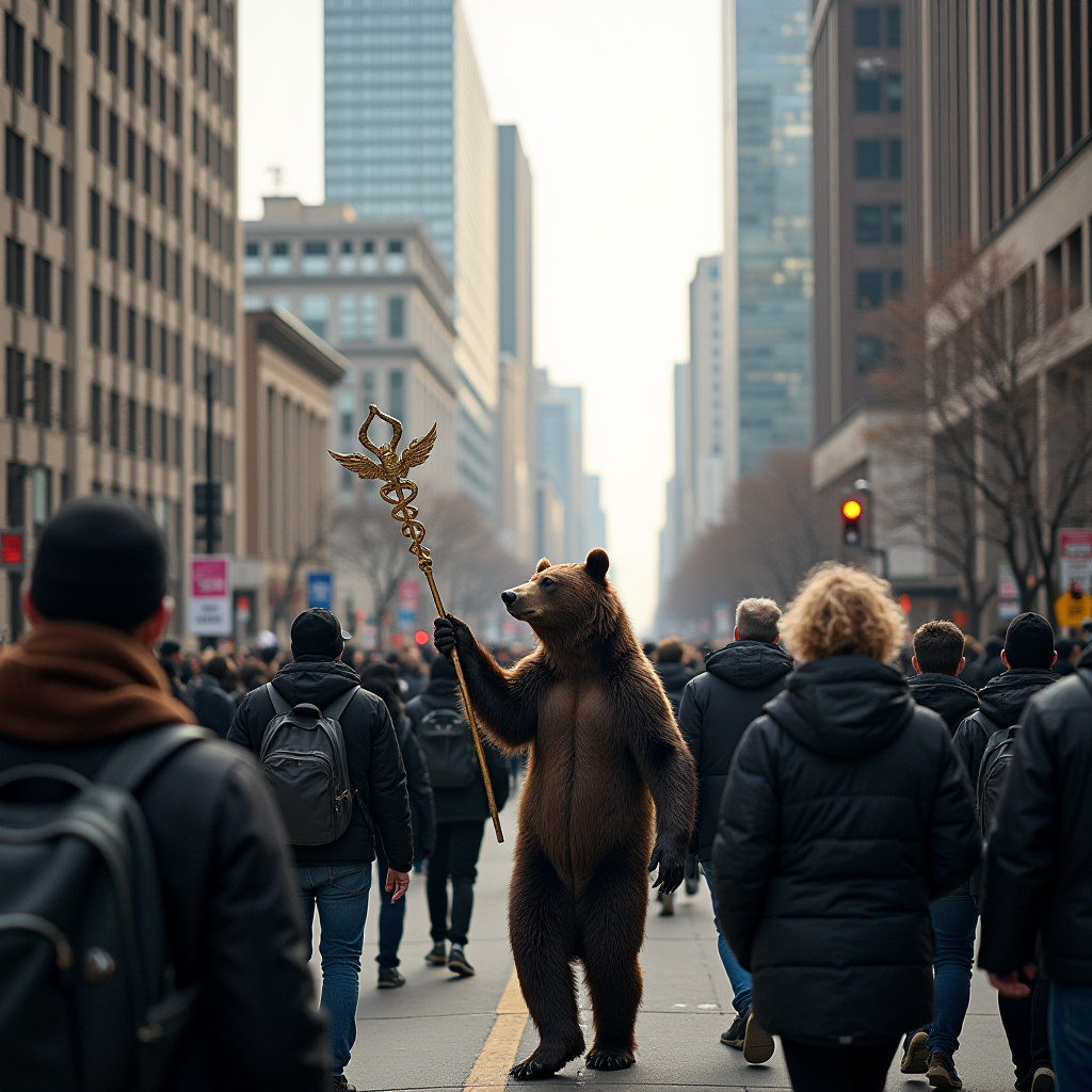 A bear stands among people in a city, holding a golden staff.