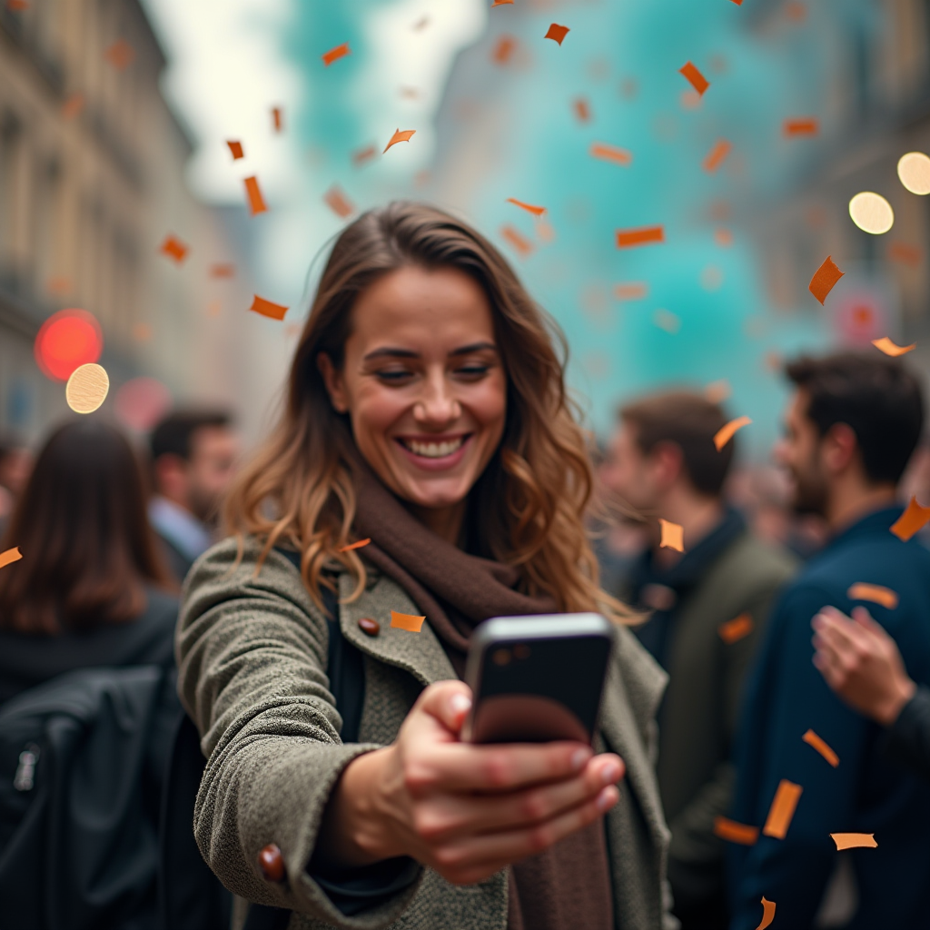 The image captures a joyful moment in a bustling street environment filled with a crowd of people. At the center is a woman smiling brightly, holding a smartphone in front of her as orange confetti floats through the air. She wears a green jacket and a brown scarf, exuding warmth and happiness. The atmosphere suggests a festive or celebratory occasion, with blurred figures in the background indicating a lively, vibrant setting. The sky exhibits a hint of blue smoke, adding to the dynamic and colorful ambiance of the scene.