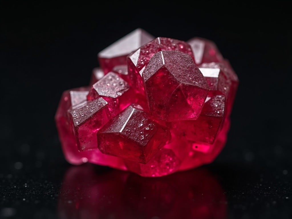 This image features a stunning cluster of pink crystalline structures that resemble gemstones. The crystals are arranged in a chaotic yet beautiful formation, each one catching the light differently. The translucence and texture of the objects create a visually pleasing depth. The background is dark, which enhances the vibrancy of the pink hues. This close-up shot emphasizes the intricate details of the crystals, making it an excellent piece for jewelry design or artistic purposes.