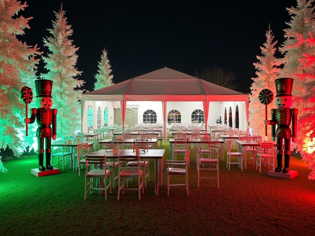 The image features a beautifully decorated event space set for a holiday celebration at night. Bright green and red lights illuminate the area, creating a festive atmosphere. A large white tent serves as the main gathering spot, surrounded by whimsical nutcracker figures on either side. The area is adorned with artificial white trees, enhancing the winter wonderland theme. Tables and chairs are arranged for guests, ready for a celebration.