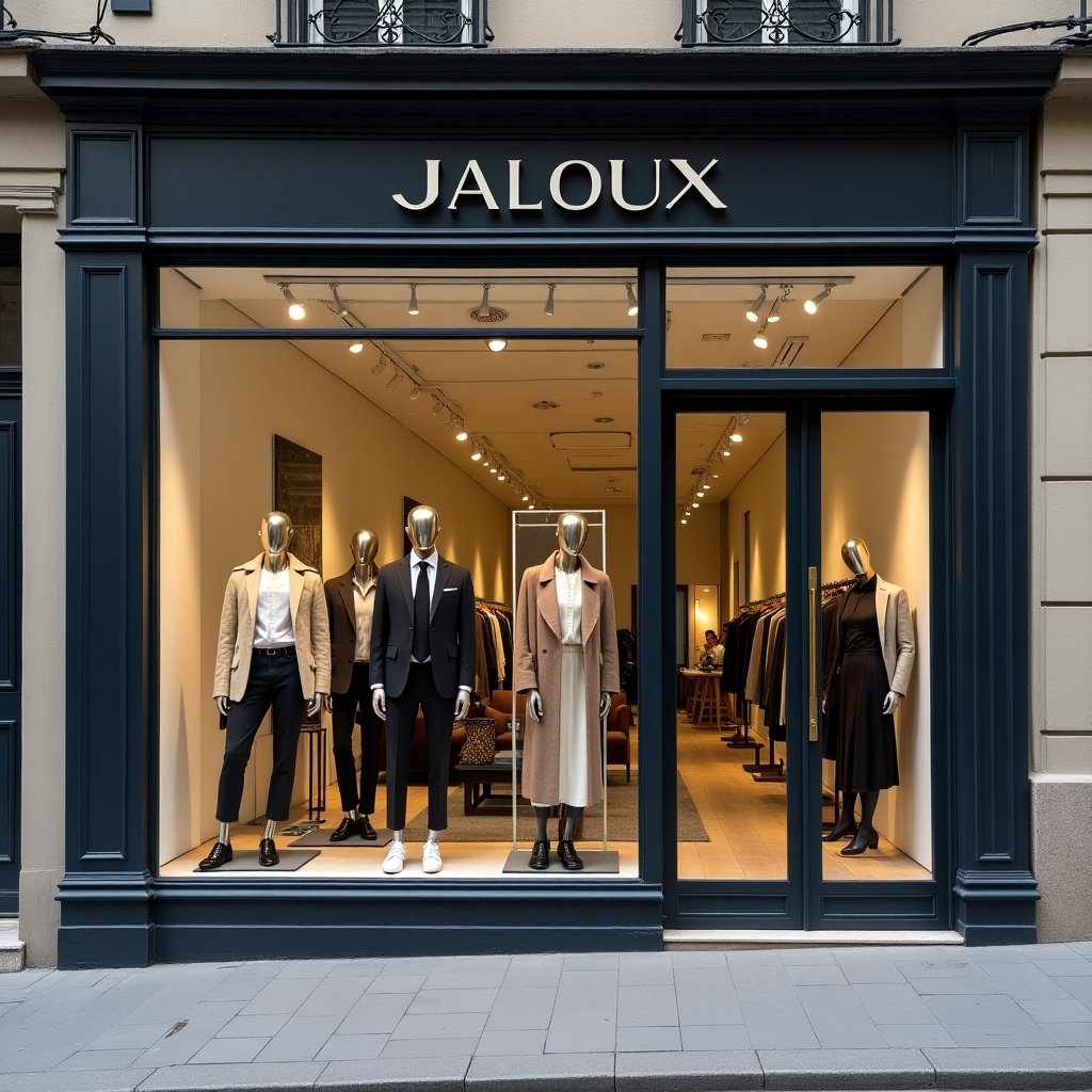 The image captures a stylish fashion store window under the logo 'JALOUX'. Inside, elegant clothing is displayed on mannequins. The window features a modern aesthetic with neutral tones and bright lighting. The arrangement of the clothing showcases a blend of sophistication and contemporary fashion. This inviting scene is set against a city street backdrop.