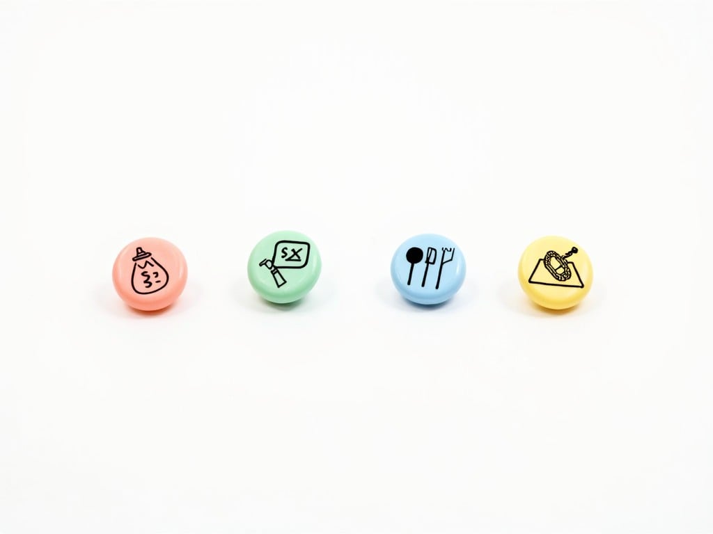 The image features four multicolored round buttons laid out on a clean white background. Each button displays a distinct symbol, making them visually engaging. The colors of the buttons include pink, green, blue, and yellow, each contributing to a playful aesthetic. The symbols are related to food and cooking, appealing to various audiences. This image could be used for educational or marketing purposes in the food industry.