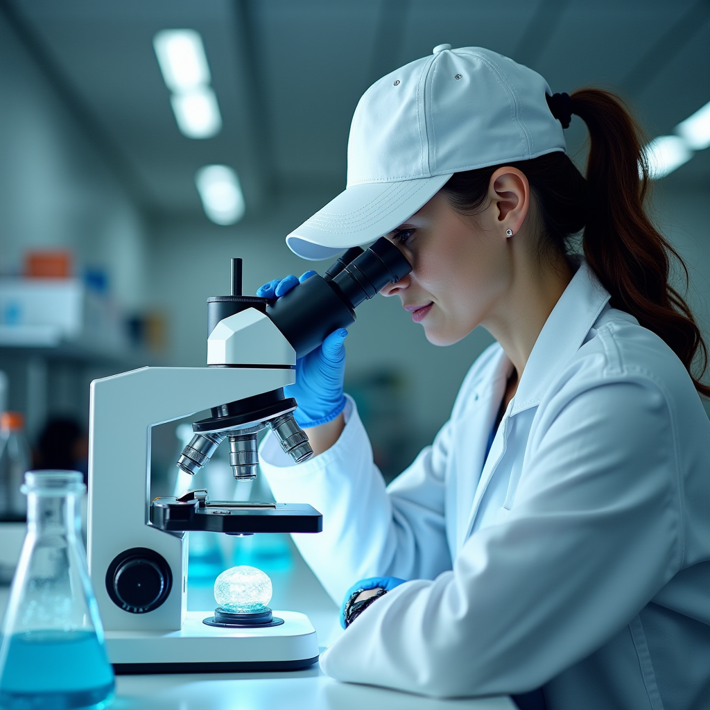 A scientist wearing a lab coat and cap examines a specimen through a microscope in a laboratory setting.