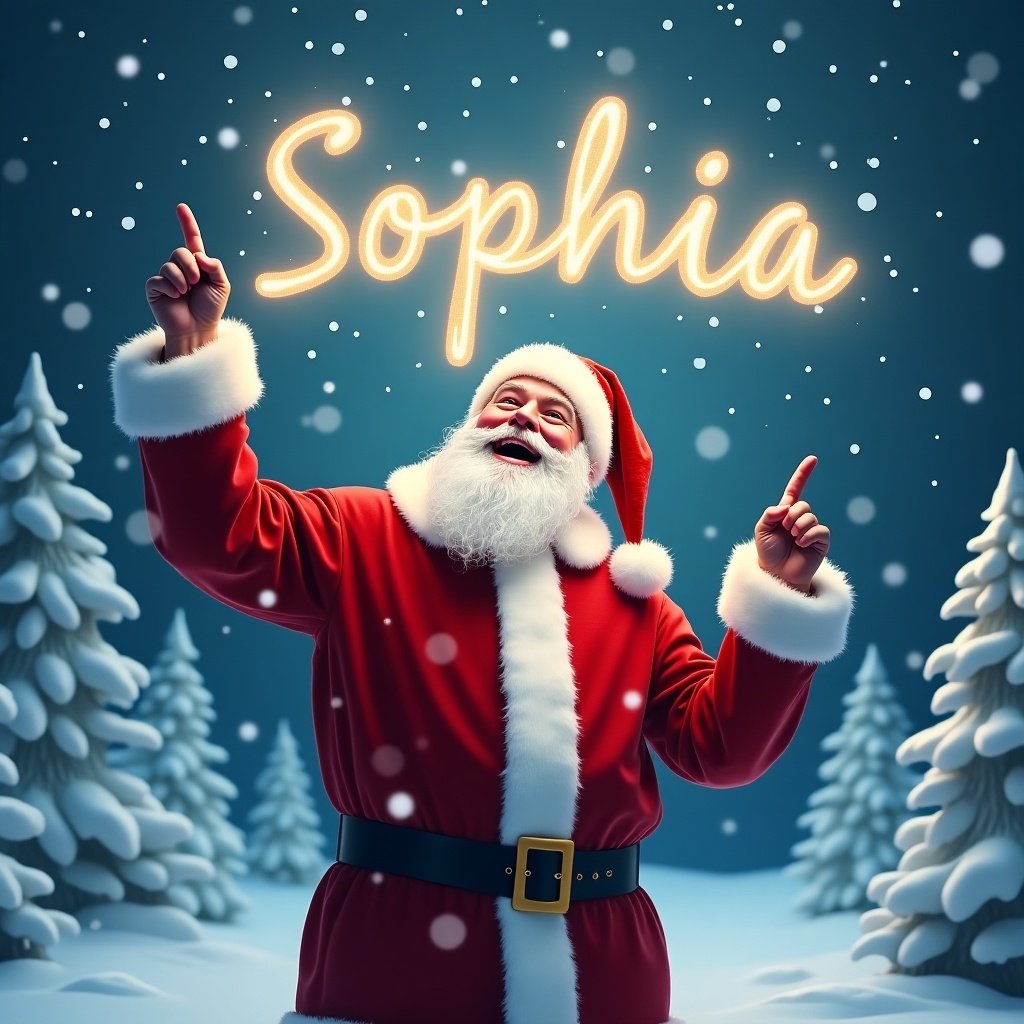 The image depicts a joyful Santa Claus standing in a winter wonderland. He is dressed in his traditional red suit with white trim and a matching hat. Santa is pointing upward as if he is magically writing a name in the sky. Snowflakes gently fall around him, adding to the festive atmosphere. In the sky, the glowing letters spell out the name 'Sophia'. The background features snowy trees, enhancing the Christmas scene.