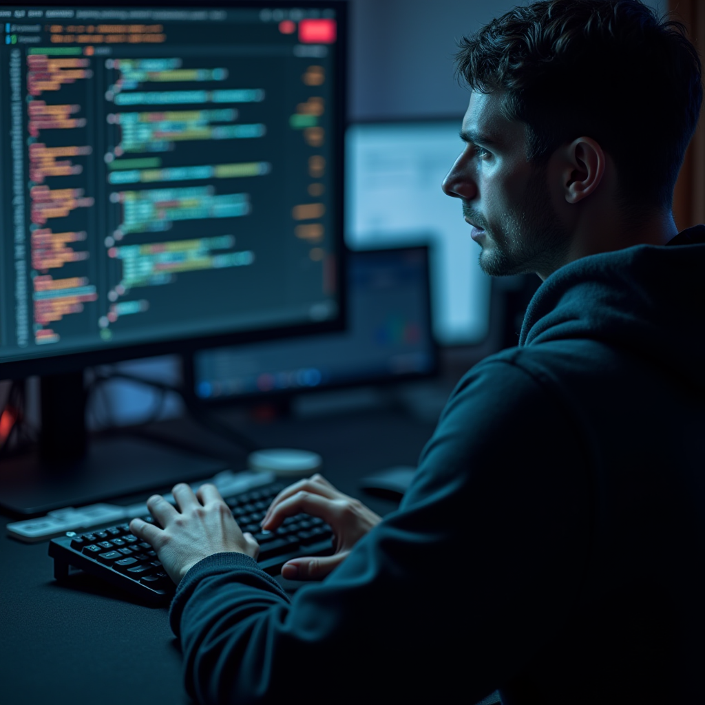 A focused programmer debuging code on a dual monitor setup in a dimly lit room.