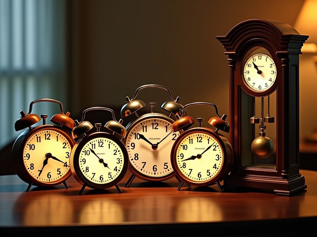 The image features an arrangement of vintage clocks, each displaying the time. The clocks come in various designs, with the main focus on three alarm clocks and an ornate grandfather clock. The setting is cozy, with warm lighting that adds a welcoming touch. The table surface is polished, enhancing the luxurious feel of the clocks. This arrangement evokes a sense of nostalgia and appreciation for classic timepieces.