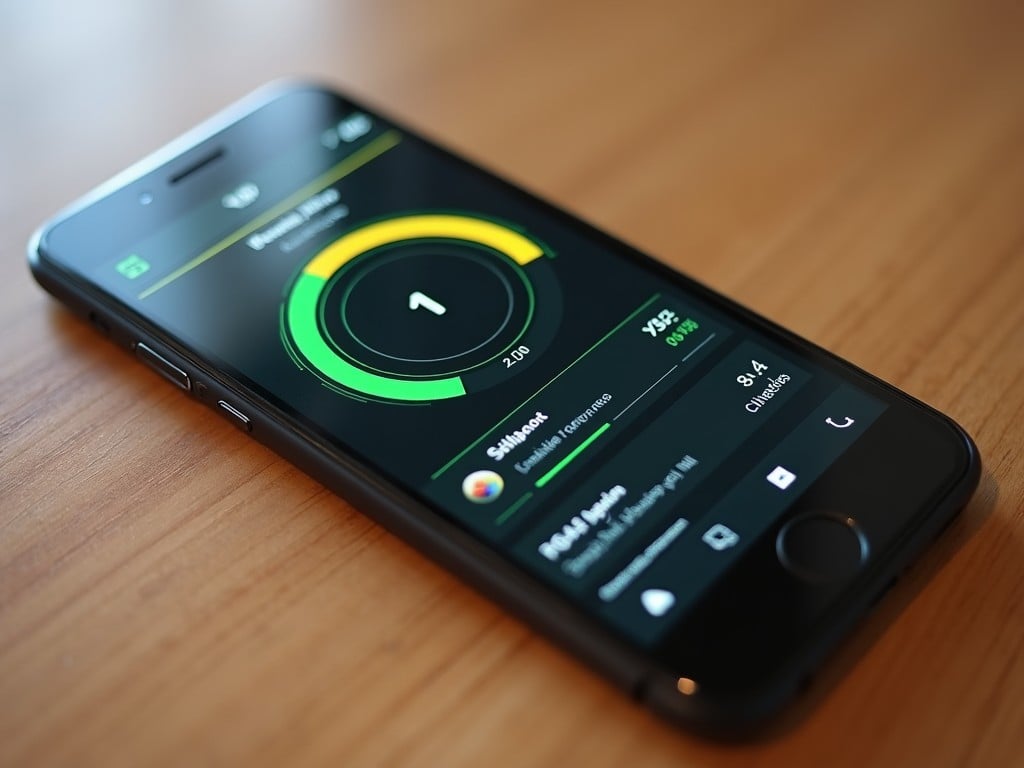 The image displays a smartphone placed on a wooden surface. The screen showcases a user-friendly interface that seems related to monitoring or control functionalities. A large central gauge dial indicates a measurement within a dark-themed interface, accented by green and yellow. Additional details are presented below the gauge, including various icons and text. The background is softly blurred to enhance focus on the smartphone, highlighting its modern and sleek design.