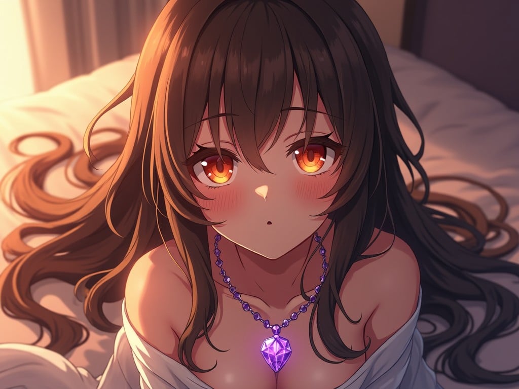 rich color anime illustration of a girl with long brown hair, orange eyes, wearing a purple gemstone necklace, warm lighting