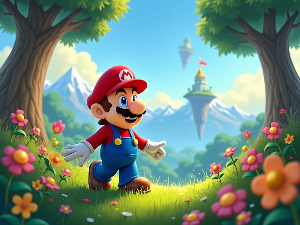 In this vibrant illustration, a cartoon character with a red hat and overalls joyfully walks through a lush forest. Bright, colorful flowers surround him, and two towering trees frame the scene. In the background, floating islands with castles add a fantastical element, while snow-capped mountains loom in the distance.