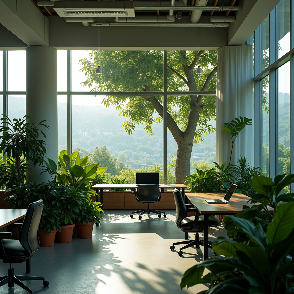 A modern office space filled with lush green plants and natural light through large windows.