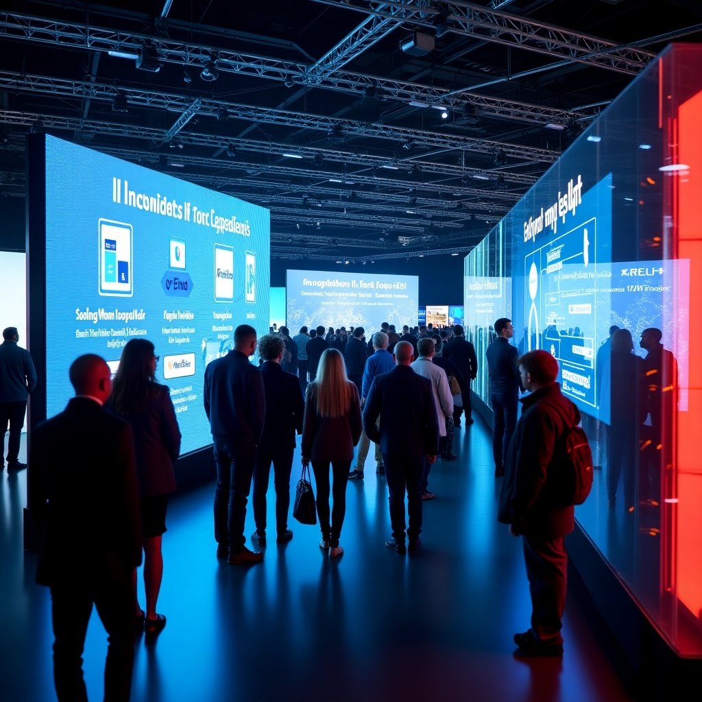 The image captures a lively exhibition hall filled with attendees. Large digital screens showcase various presentations related to AI innovations, creating an informative atmosphere. The scene is illuminated with vibrant blue and red neon lights, adding to the modern feel. People are engaging with the displays and interacting with each other, reflecting a collaborative environment. This event highlights the latest advancements in technology and invites professionals to explore new ideas and innovations.