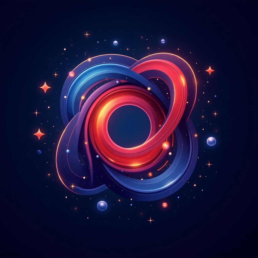 This image features a vivid and dynamic design ideal for a crypto exchange website that focuses on DeFi protocols. The swirling shapes symbolize fluidity and movement, reflecting the rapid pace of decentralized finance. The background adorned with stars and sparkles hints at innovation and the digital realm of cryptocurrency. The combination of dark blue and bright red colors conveys trust and energy, making it appealing to investors. This graphic captures the essence of blockchain technology and financial growth, making it perfect for various marketing materials.