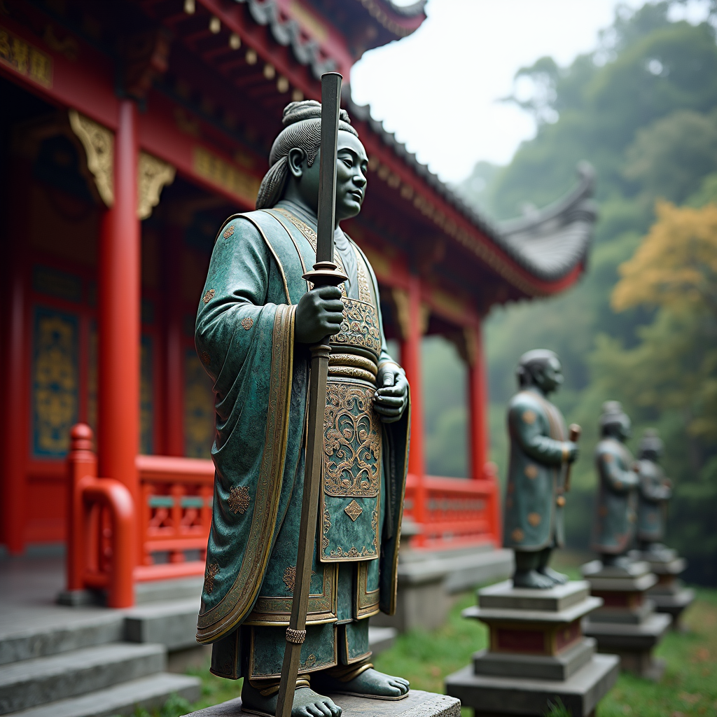 Statues of ancient warriors stand solemnly in a line outside a traditional Chinese temple.