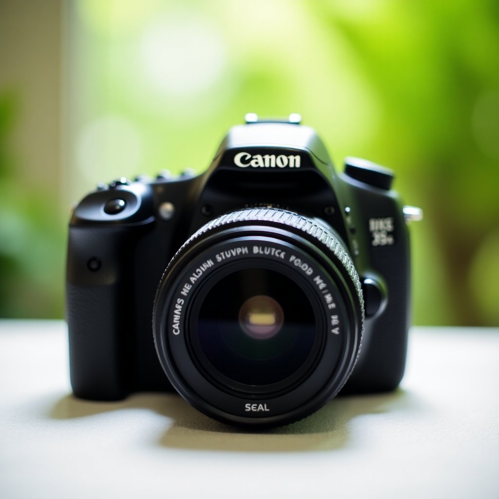 This image features a Canon camera, specifically a DSLR model, positioned front and center. The camera has a black body with silver accents, showcasing its sleek design. The lens is prominently displayed, indicating its potential for high-quality photography. The background is neutral, highlighting the camera without distractions. A bright photography backdrop with greenery adds a touch of charm to the composition.