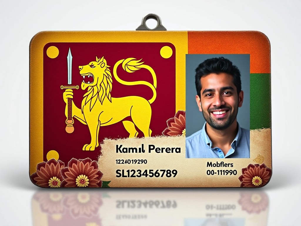 This image showcases a novelty ID card themed around the Sri Lankan flag. It features the iconic lion symbol from the national flag, surrounded by vibrant colors of red, green, and yellow. The fictional details include a made-up name, ID number, and an artificial photo, creating a fun representation. This design could be used for event promotions or as a collectible item. The overall look is cheerful and bright, embodying the spirit of Sri Lankan culture.