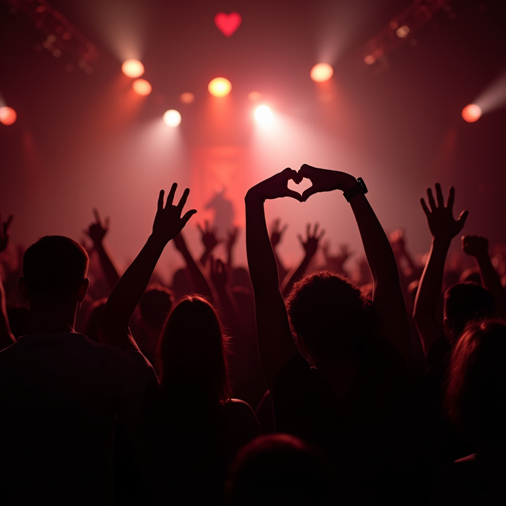 A lively concert audience with raised hands and a heart symbol formed by fingers, set against a backdrop of vibrant stage lights.