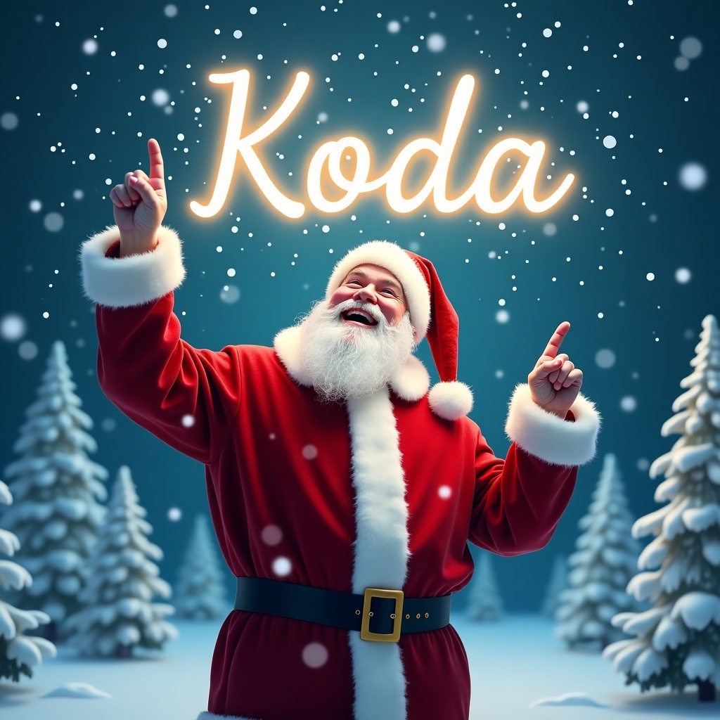 The image depicts a joyful Santa Claus standing in a winter wonderland. He is dressed in his traditional red suit with white trim and a matching hat. Santa is pointing upward as if he is magically writing a name in the sky. Snowflakes gently fall around him, adding to the festive atmosphere. In the sky, the name 'Koda’ is written in bright, glowing letters. The background features snowy trees, enhancing the Christmas scene.