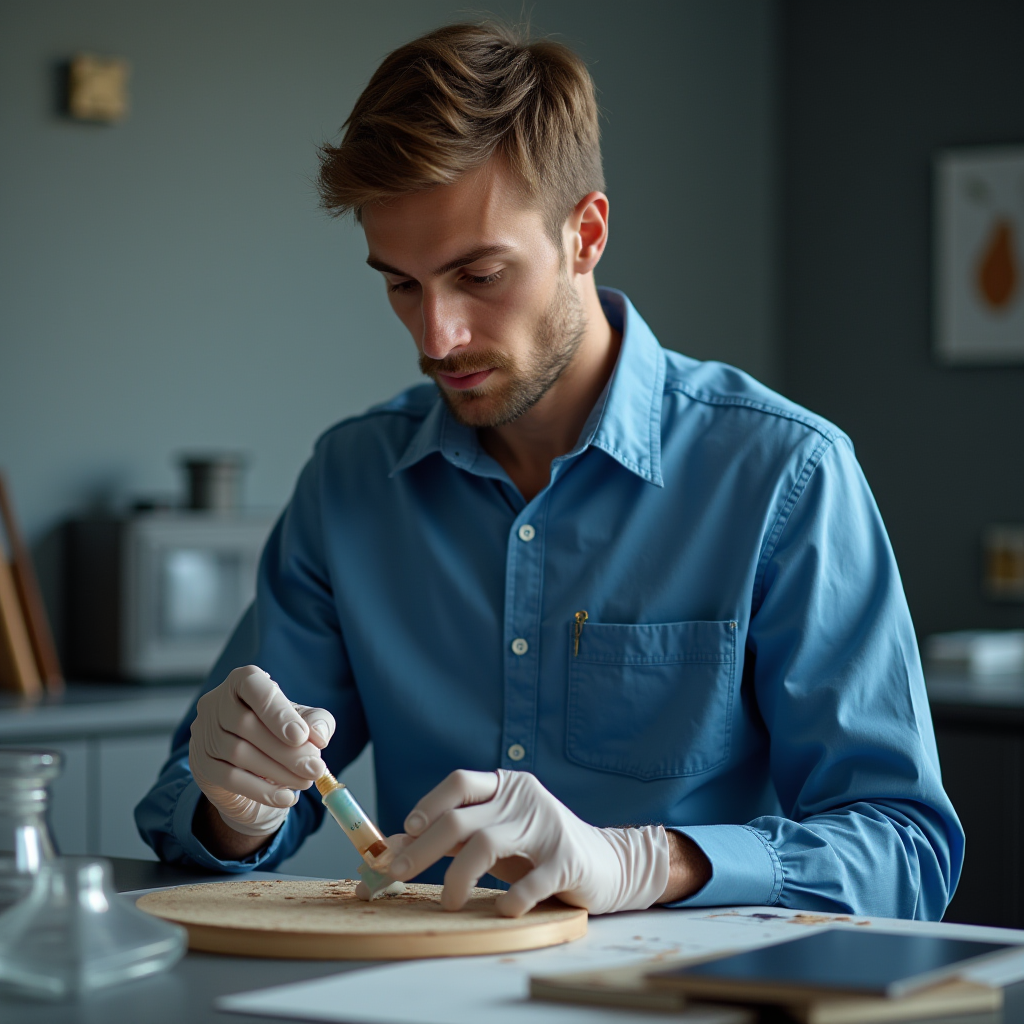 A man wearing a blue shirt and gloves is carefully examining a piece of wood in a laboratory.