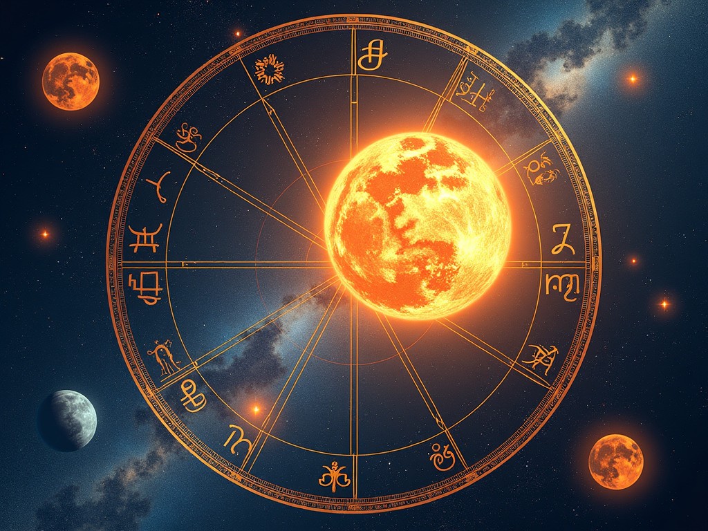 This image depicts an astrological birth chart emphasizing the position of the sun in Sagittarius, located in the fifth house. The zodiac wheel is showcased at the center, with the sun radiating bright orange and yellow hues. Surrounding the wheel are other celestial bodies, such as planets and stars, set against a dark cosmic landscape. Astrology symbols fill the wheel corresponding to each zodiac sign, enhancing the mystical feel. The image is designed to have a hyper-realistic quality, reflecting the astrological theme vibrantly.