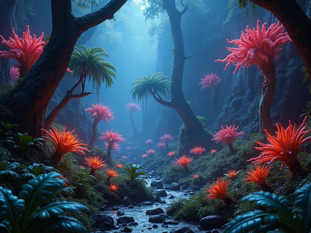 a mystical forest with glowing, colorful plants and an ethereal atmosphere