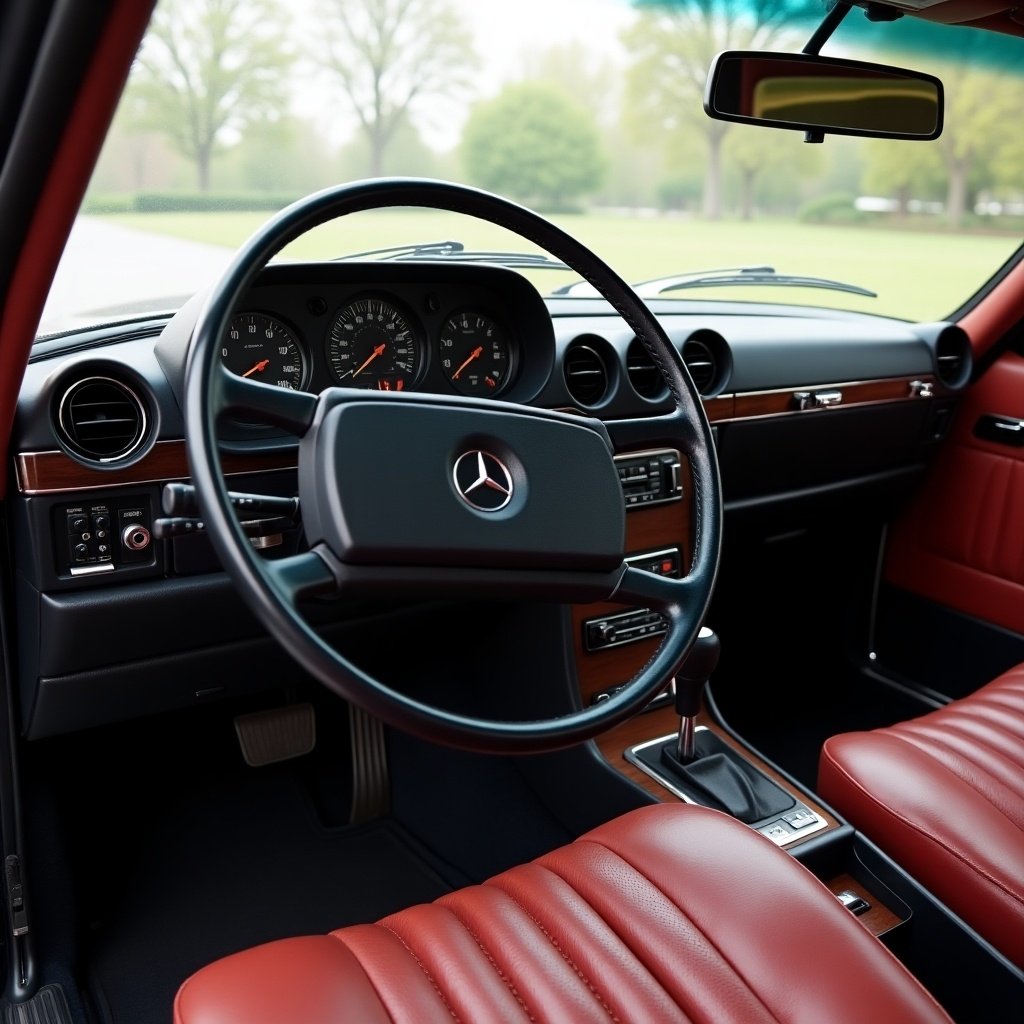 This image features the dashboard of a 1981 G-Class W460, showcasing a unique blend of modern features with a retro design. The interior is elegantly designed with a striking red leather upholstery that highlights luxury. The steering wheel and dashboard have vintage aesthetics, yet exhibit contemporary functionalities. The wooden accents add a classic touch, styling this interior in a way that appeals to car enthusiasts. This car represents a beautiful transition from the past to the present in the automotive world.