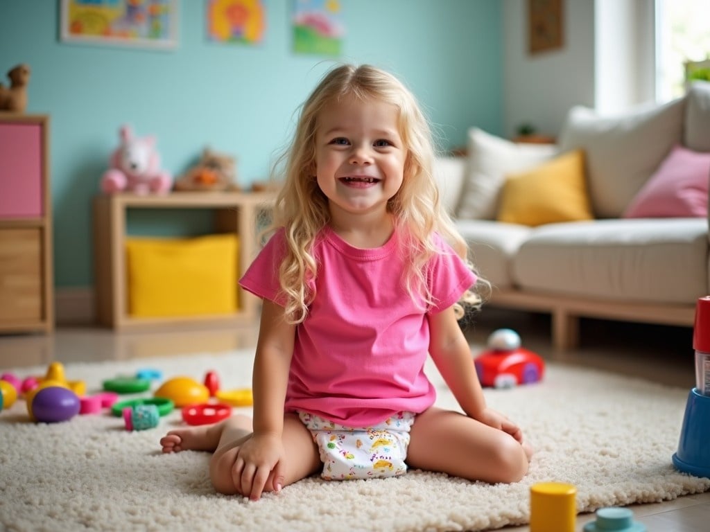 The image captures a joyful scene in a bright playroom. A seven-year-old girl with long blonde hair sits on a soft rug, wearing a pink t-shirt and a diaper. She has a wide smile, exuding happiness and innocence. The room is filled with colorful toys scattered around her, creating a playful atmosphere. Sunlight streams through the windows, illuminating the cozy space. In the background, there is a couch and a few playful decorations on the walls. This image embodies the joy of childhood and playful exploration.