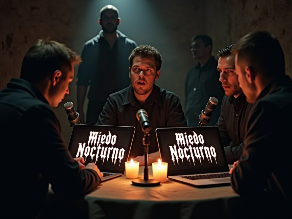 In a dimly lit setting, a group of four men are engaged in a serious conversation around a table. Each man has a laptop in front of him, displaying the words 'Miedo Nocturno'. Candles flicker, casting shadows on the walls. The overall mood is tense and mysterious, hinting at a night filled with fear. Some individuals stand in the background, adding to the atmosphere of anxiety. The lighting highlights the faces of those speaking, creating a dramatic effect.