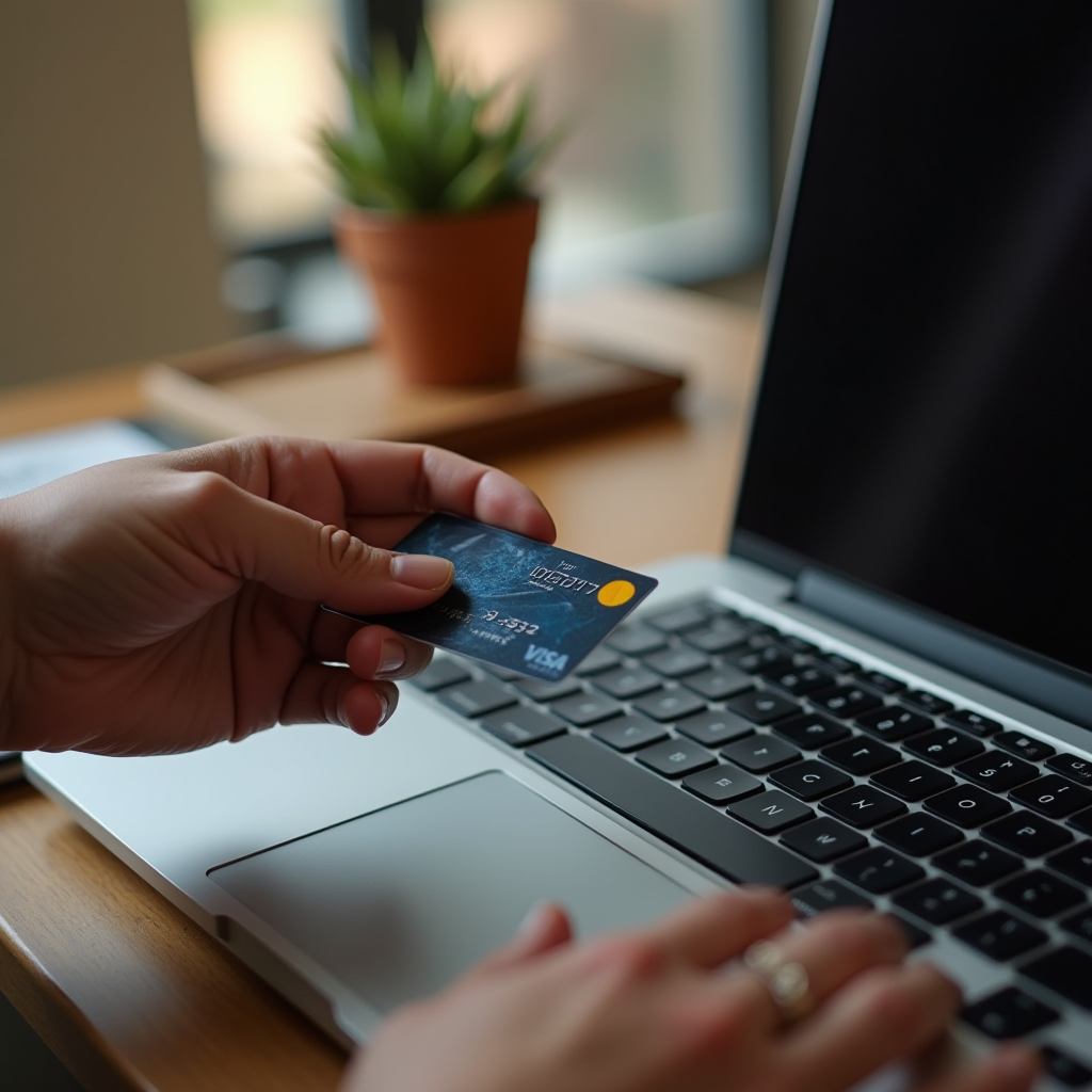 A person is holding a credit card while using a laptop, with a potted plant in the background.