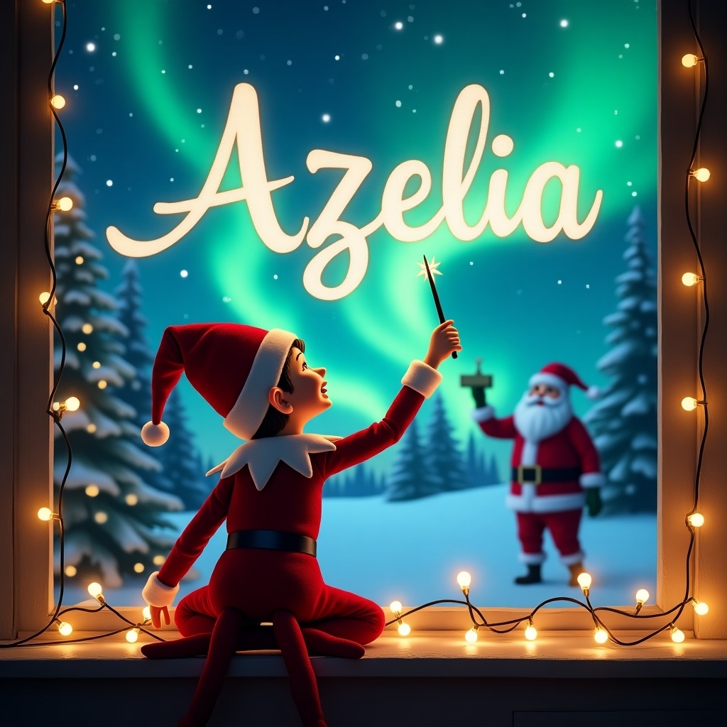 This enchanting scene captures the joy of the holiday season. An elf on the shelf, cheerful and magical, turns to face the sky. With a wand in hand, the elf gleefully writes the name 'Azeelia' amidst the shimmering Northern Lights. In the background, Santa Claus adds to the festive atmosphere, making the scene nostalgic and magical. Twinkling string lights surround the elf, enhancing the Christmas charm. This image represents the wonder and excitement that the holiday season brings to children and families alike.