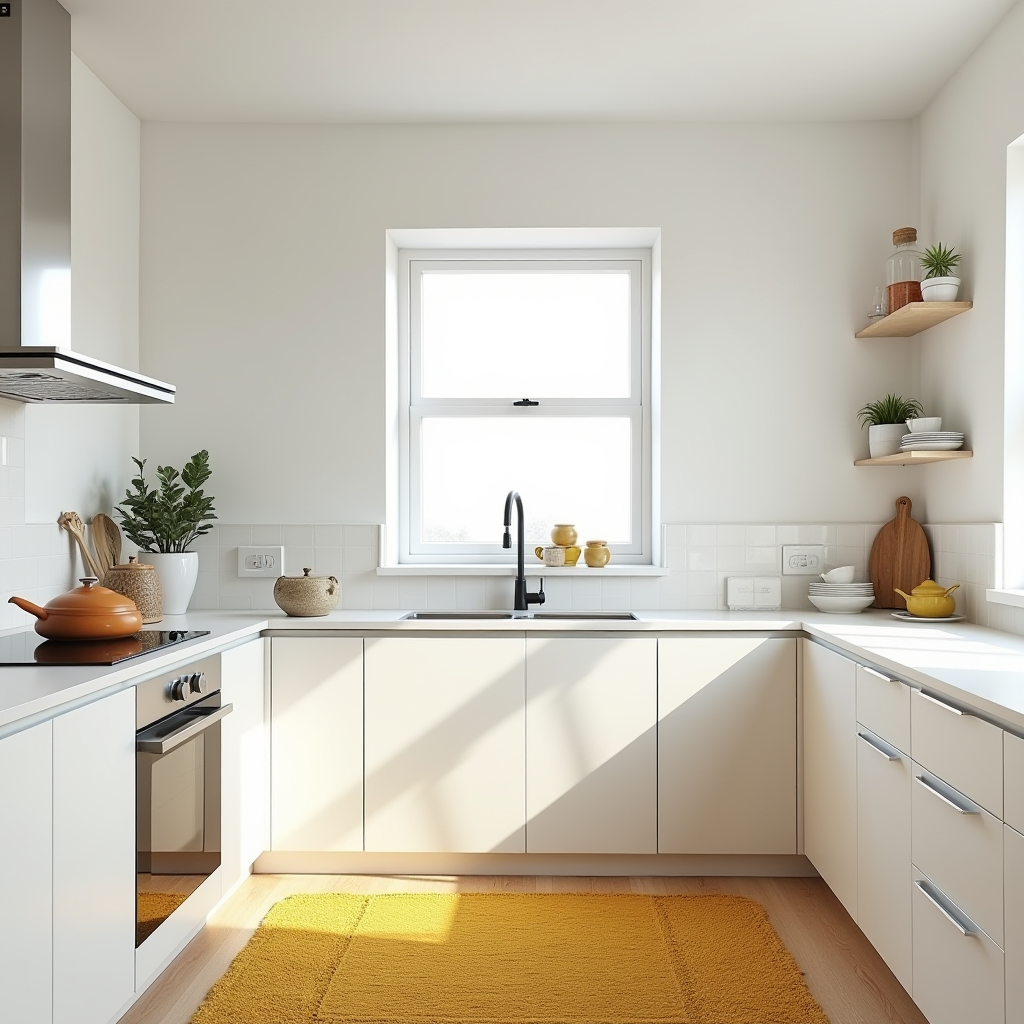 A bright, modern kitchen with a central window, sleek white cabinets, a black faucet, wooden shelves, and a cozy orange rug on light wood floors.