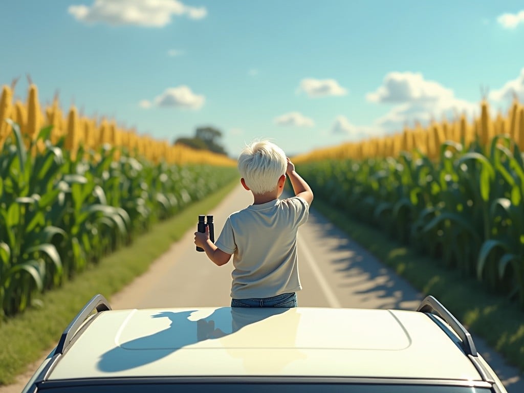 A young child with blonde hair stands through the sunroof of a car, gazing into the distance with binoculars in hand. They are surrounded by a lush cornfield under a bright blue sky dotted with fluffy clouds, suggesting a sense of adventure and curiosity. The scene conveys a feeling of tranquility and freedom as the child explores the rural landscape.