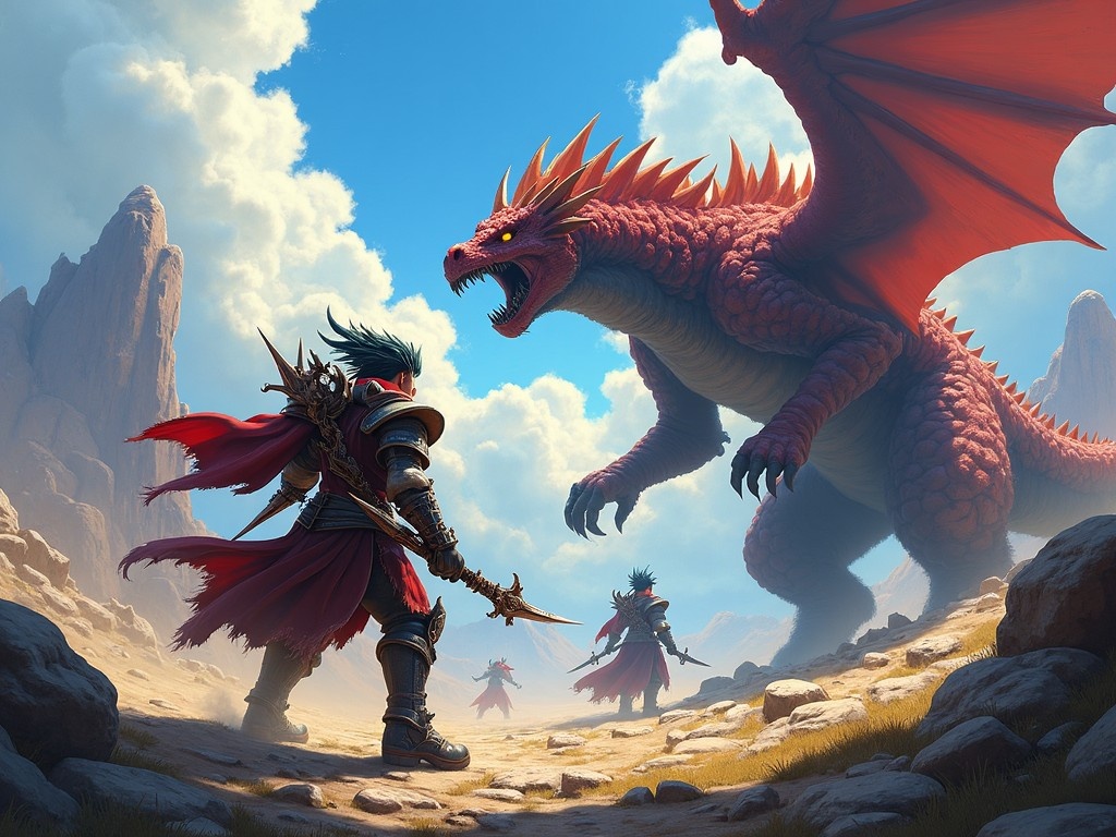 A vibrant desktop background featuring scenes from Monster Hunter Outlanders. Dynamic characters are engaged in epic battles against large, fierce monsters in a fantastical landscape. The characters are equipped with intricate weapons and armor, showcasing their readiness for combat. The backdrop includes dramatic skies and rocky terrains, enhancing the adventurous atmosphere. This artwork invites viewers into an immersive world of hunting and exploration.