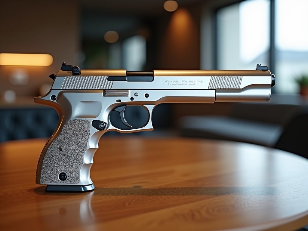 The image features a sleek silver handgun placed on a wooden table. It has a modern design with textured grips, positioned at an angle that highlights its features. The background shows a soft-focus interior with natural light flooding in from a window. This setting gives a contemporary feel to the image. The scene is carefully composed to emphasize the weapon while maintaining an elegant environment.