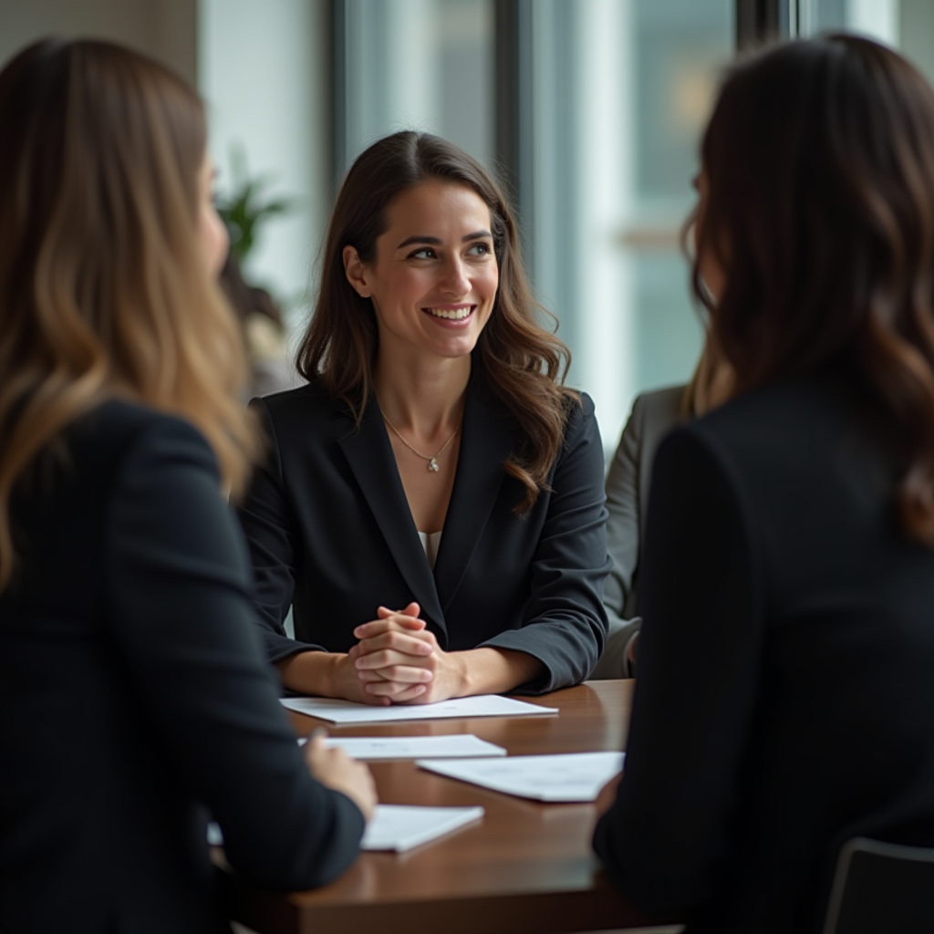 A group of professionally dressed individuals, primarily women, engaged in a business meeting around a table, with one woman smiling warmly.