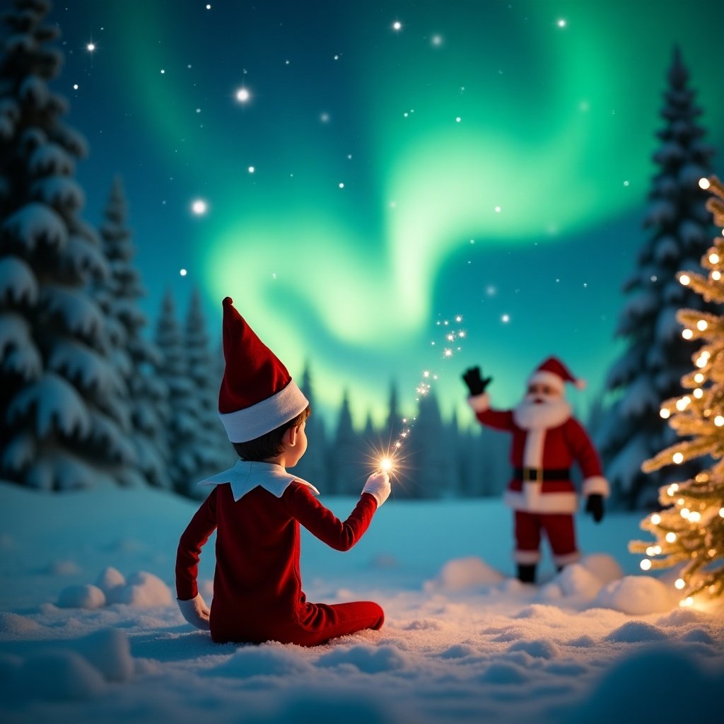 An adorable scene captures an Elf on the Shelf with his back to the viewer. He is facing a breathtaking nighttime sky illuminated by the northern lights. The elf, dressed in traditional holiday attire, is using a magic wand to elegantly write the names 'Natasha' and 'Liam' in the air. In the background, Santa Claus joyfully waves, creating a sense of wonder and joy. The scene is completed with decorative Christmas elements like a beautifully lit tree and twinkling fairy lights.