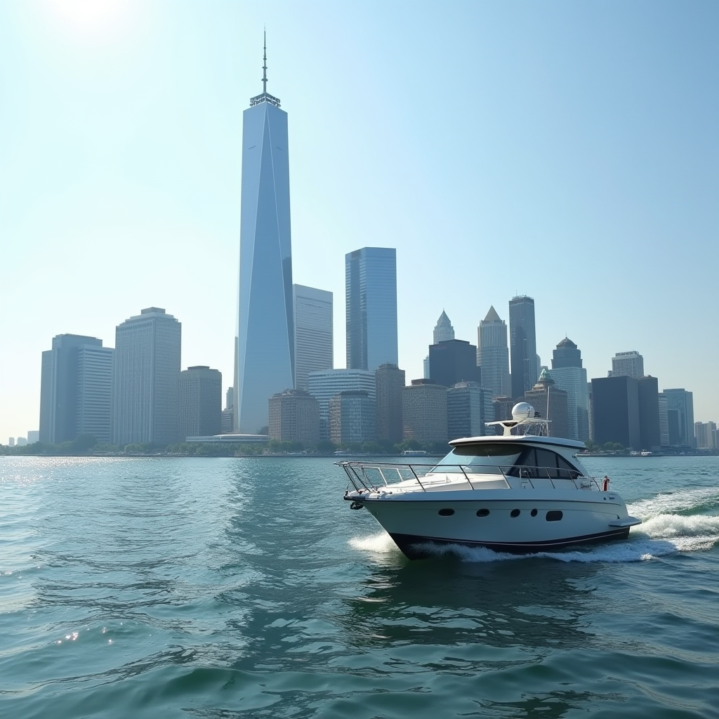 A sleek yacht cruises through a sunlit body of water with a modern city skyline in the background.