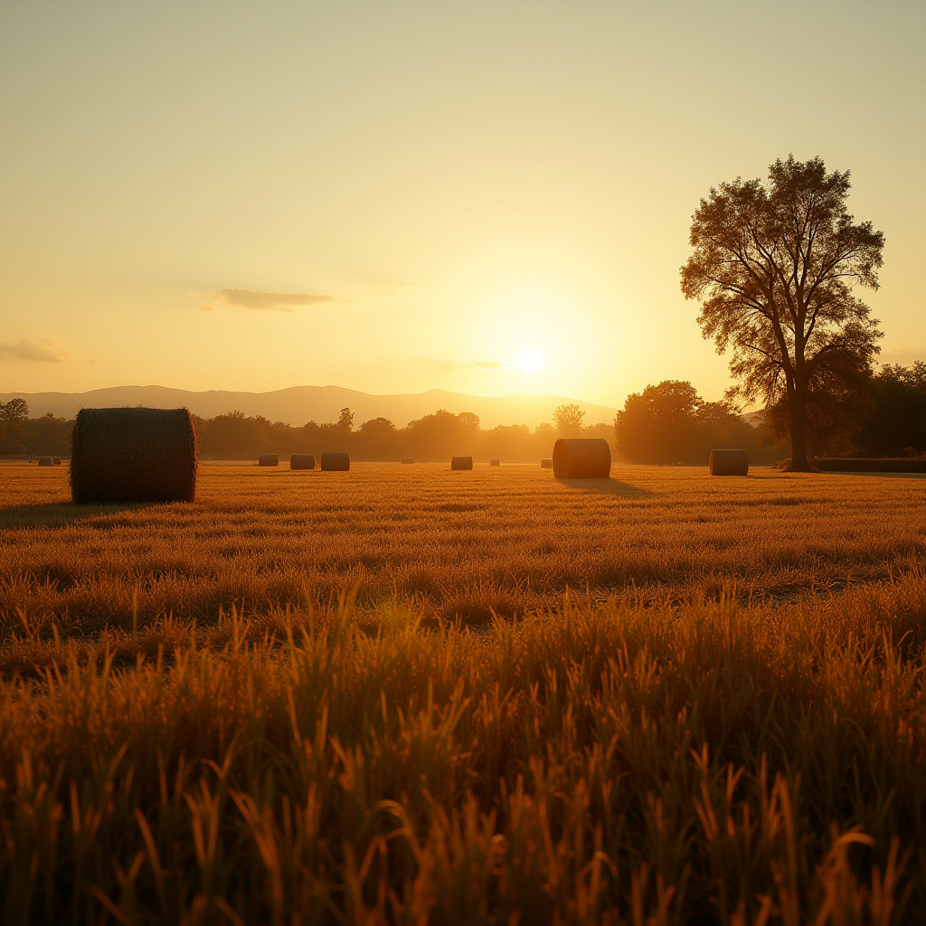 A scenic view of a hayfield at sunset with hay bales and a solitary tree.