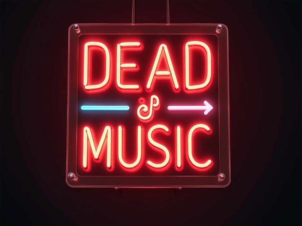 This image features a vibrant neon sign with a transparent background. The top line displays the word 'DEAD' in bold lighting, while the bottom line showcases the word 'MUSIC'. An arrow pointing downward is also included in the design. The neon colors are bright and eye-catching, primarily in shades of red and pink. This sign is ideal for music events or themed decor.