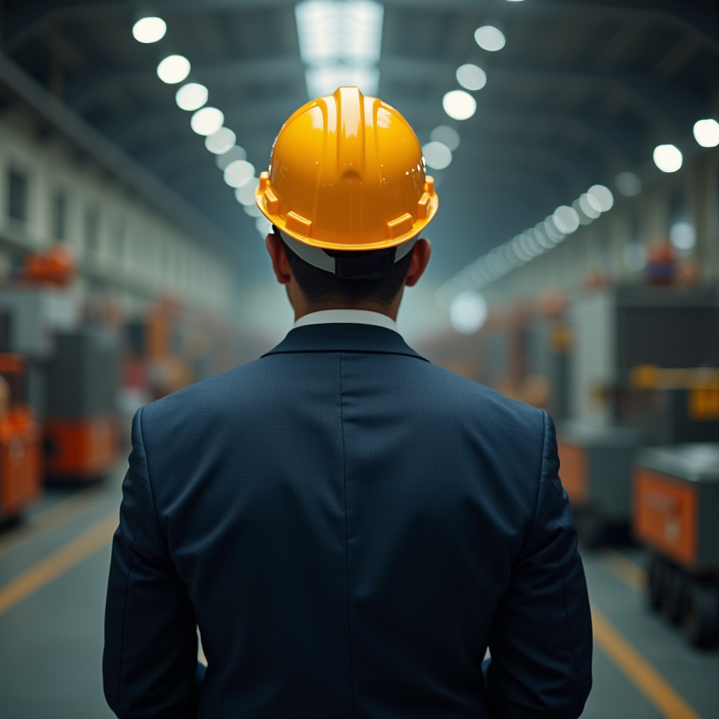 A man wearing a suit and hard hat stands in an expansive, illuminated factory.