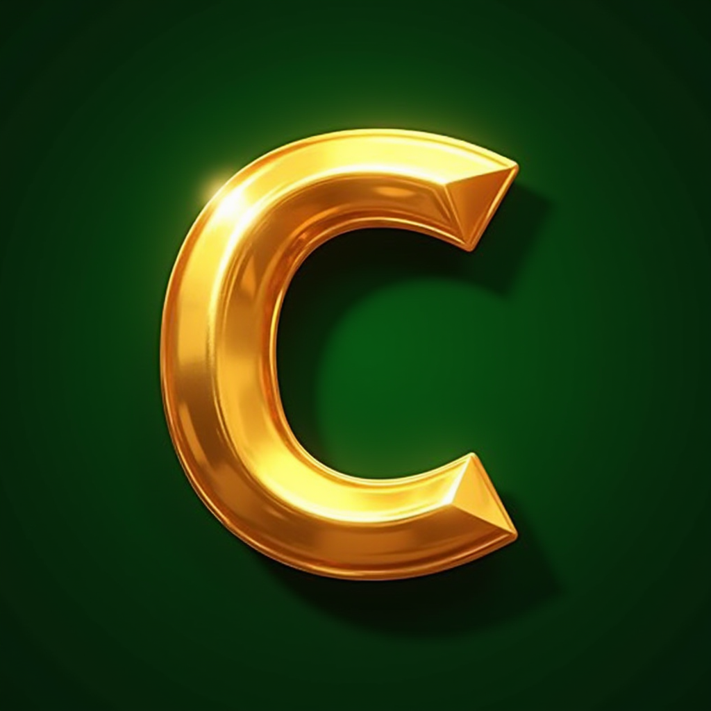 A 3D, shiny golden letter 'C' with a glowing effect set against a deep green background.